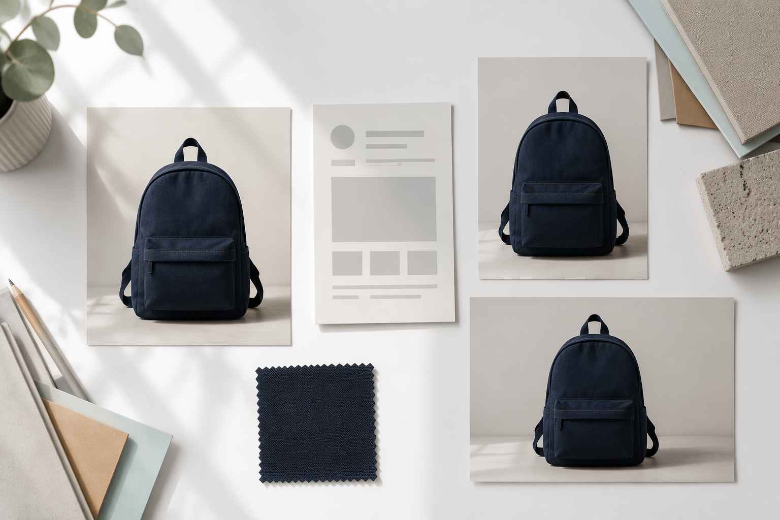 EzRemove AI Photo Studio reference board showing consistent navy backpack images, creative brief details, color swatches, and multiple product image crops.