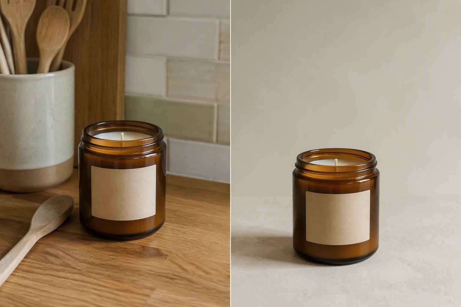 EzRemove AI Photo Studio before-and-after comparison showing an amber candle photo with a cleaned background and improved framing.