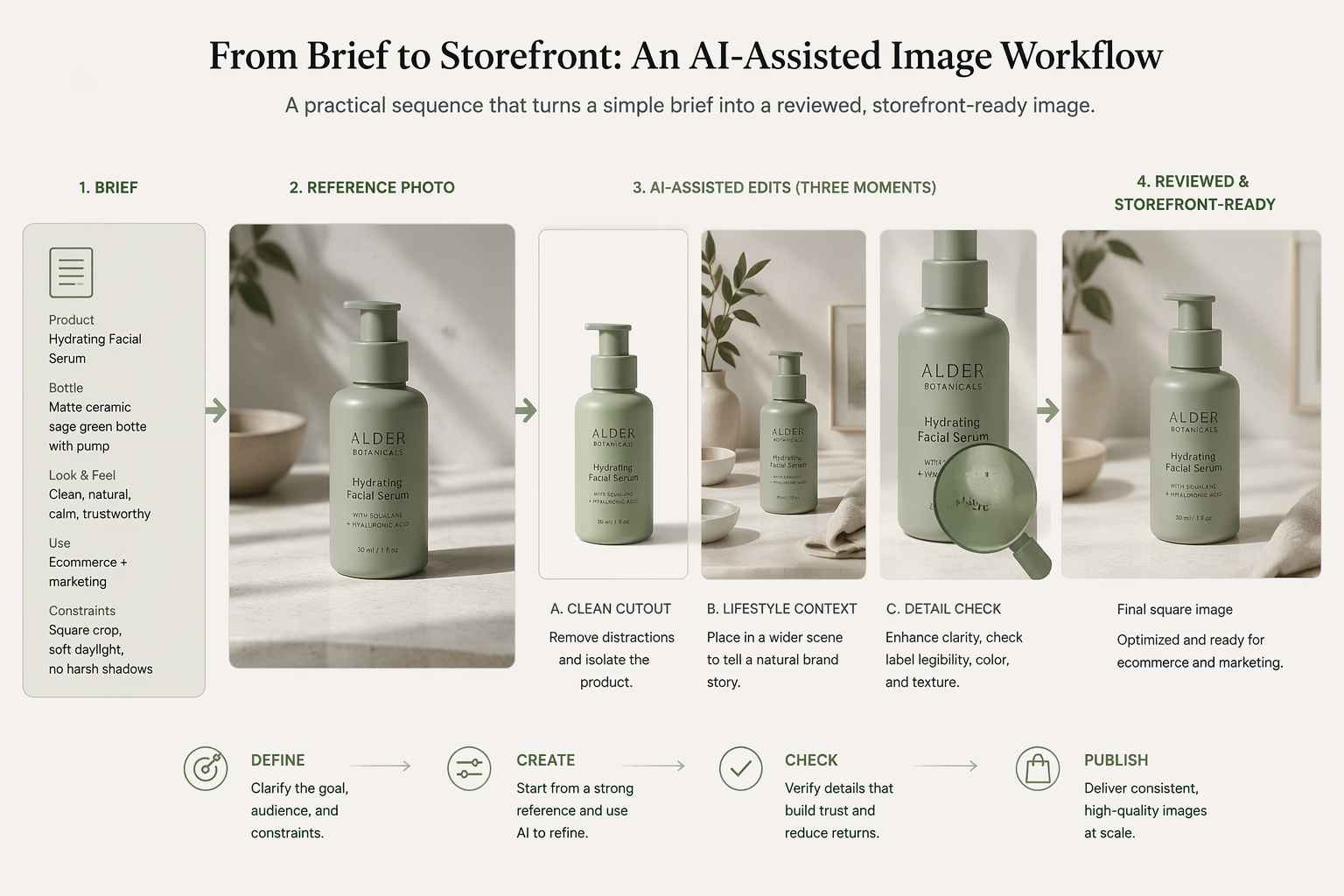 EzRemove AI Photo Studio image workflow showing a product brief, reference photo, background cleanup, lifestyle editing, detail review, and storefront-ready result.