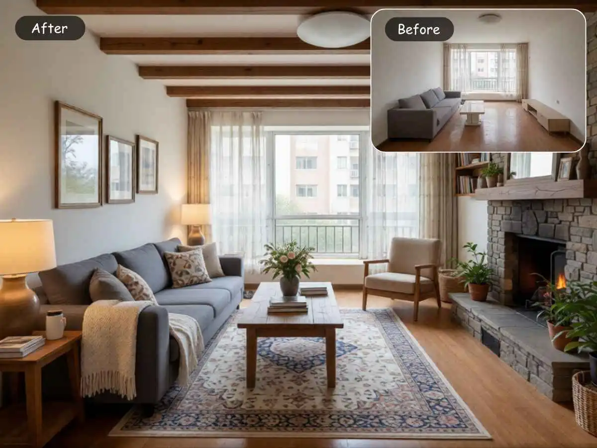 EzRemove AI room design before and after home interior update