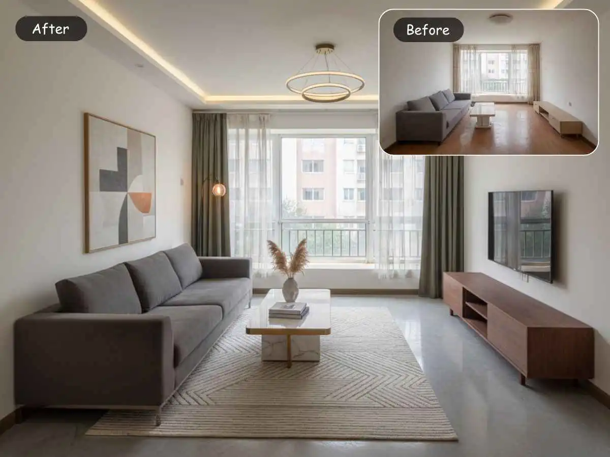 EzRemove AI room design preview with redesigned apartment space