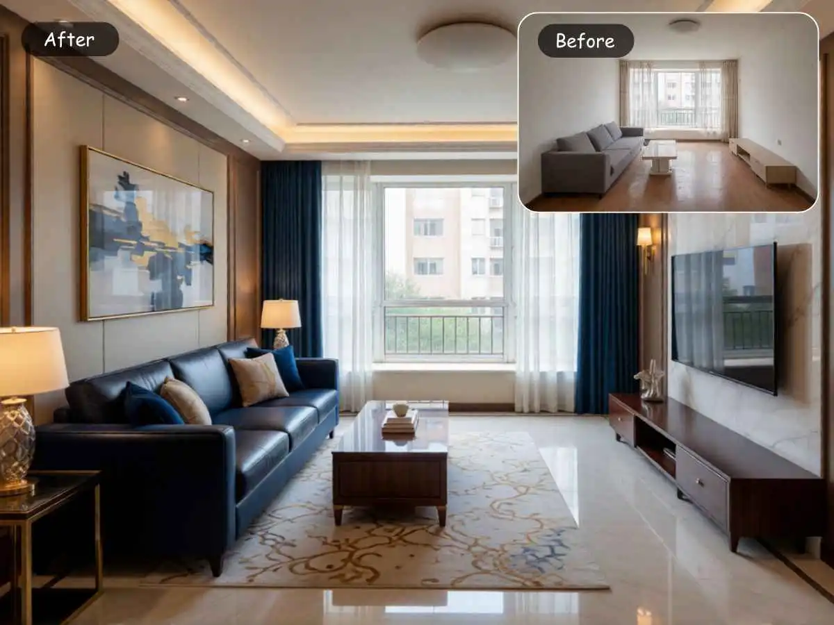 EzRemove AI room design living room transformation comparison