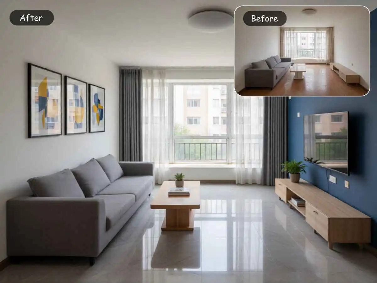 EzRemove AI room design tool showing room redesign results