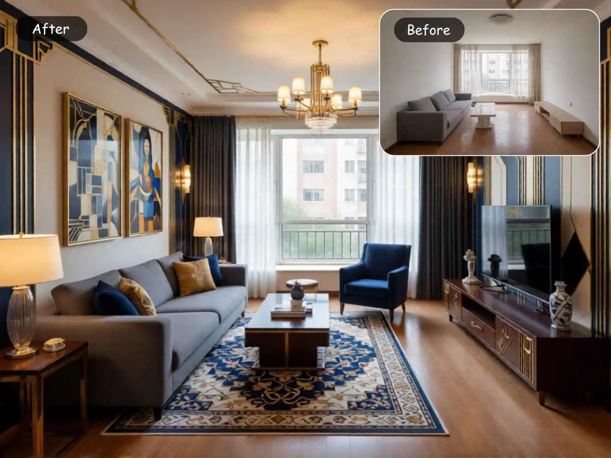EzRemove AI room design result for a bright living room
