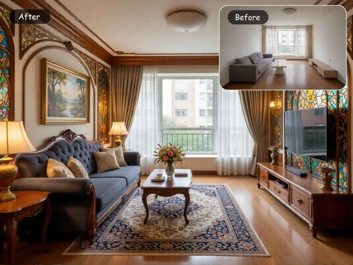 EzRemove AI room design before and after furniture update
