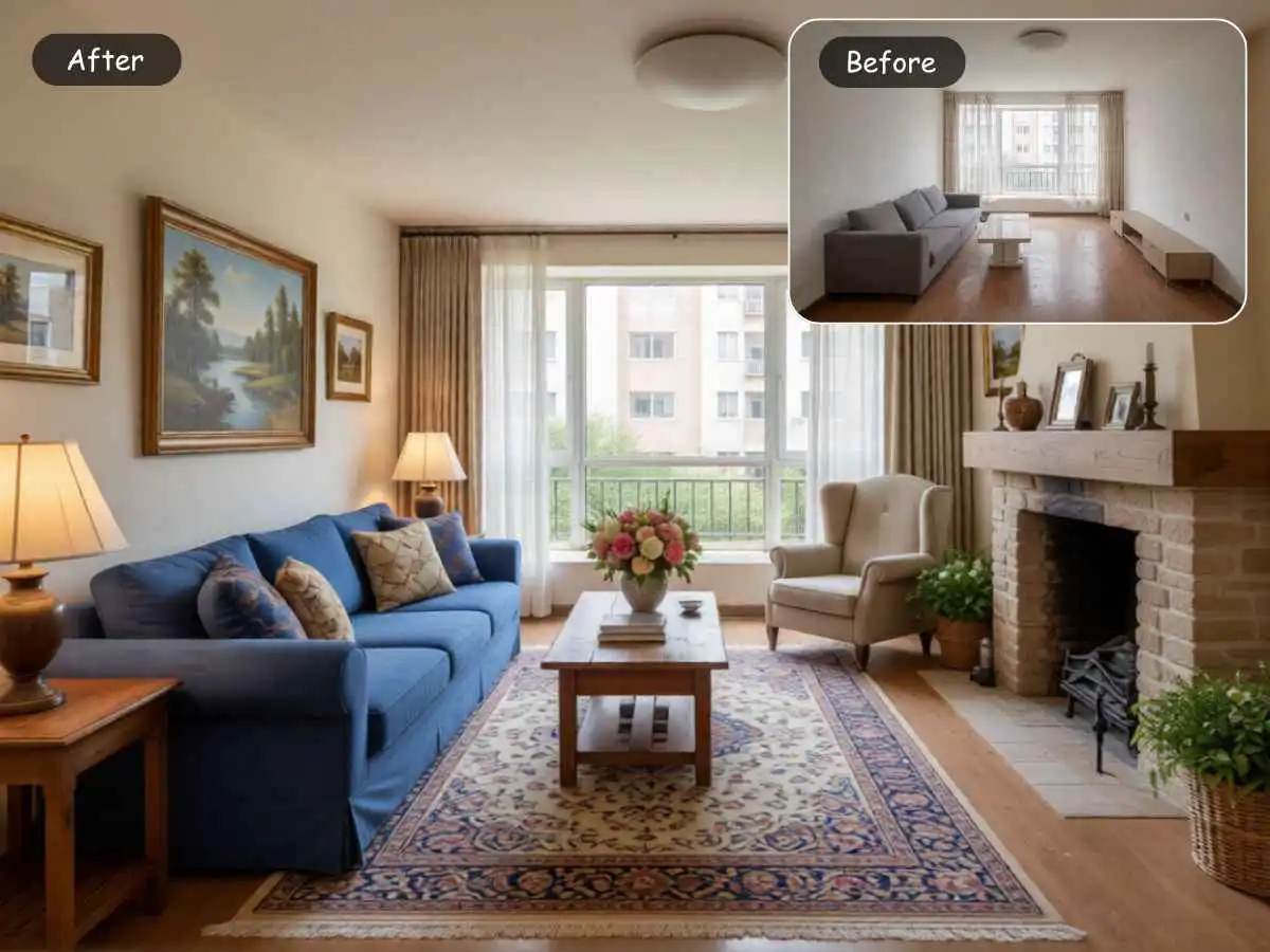 EzRemove AI room design example with warm home styling