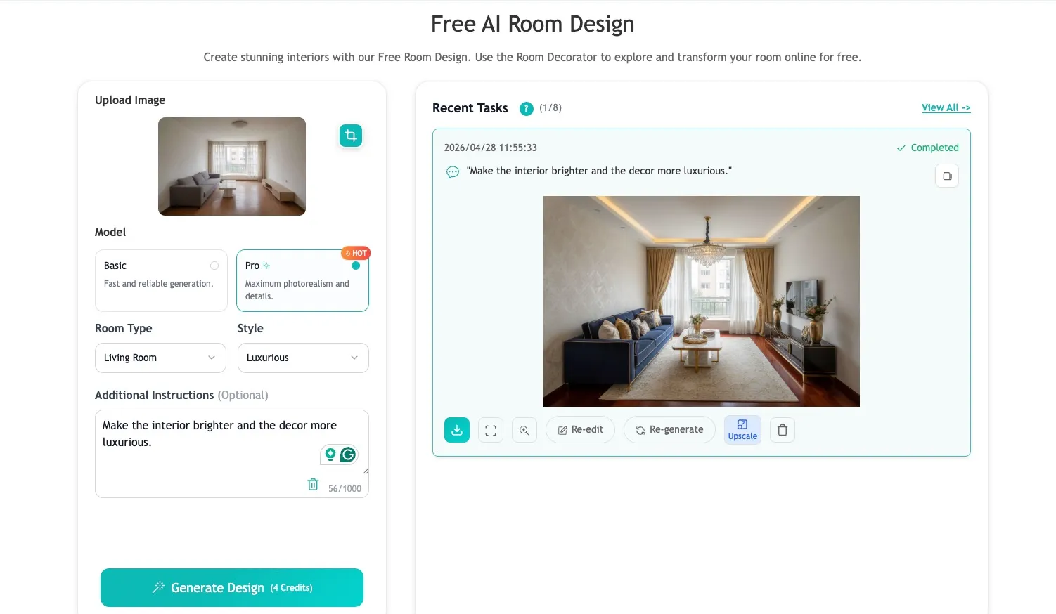 EzRemove AI room design showing modern living room transformation