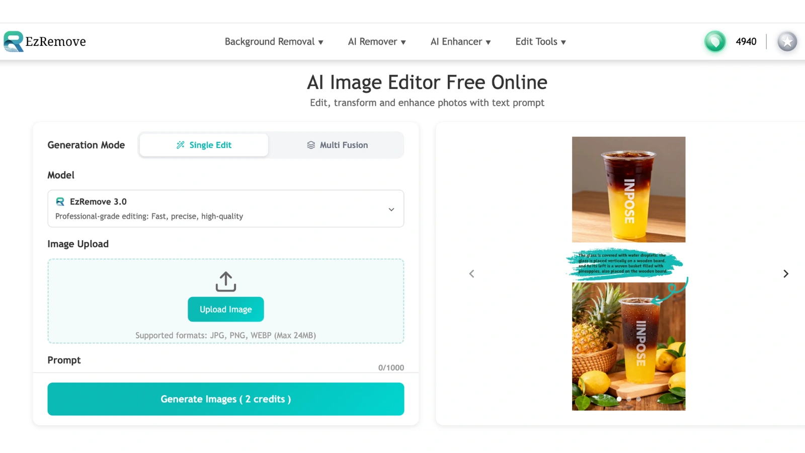The interface of EzRemove's AI photo editor.