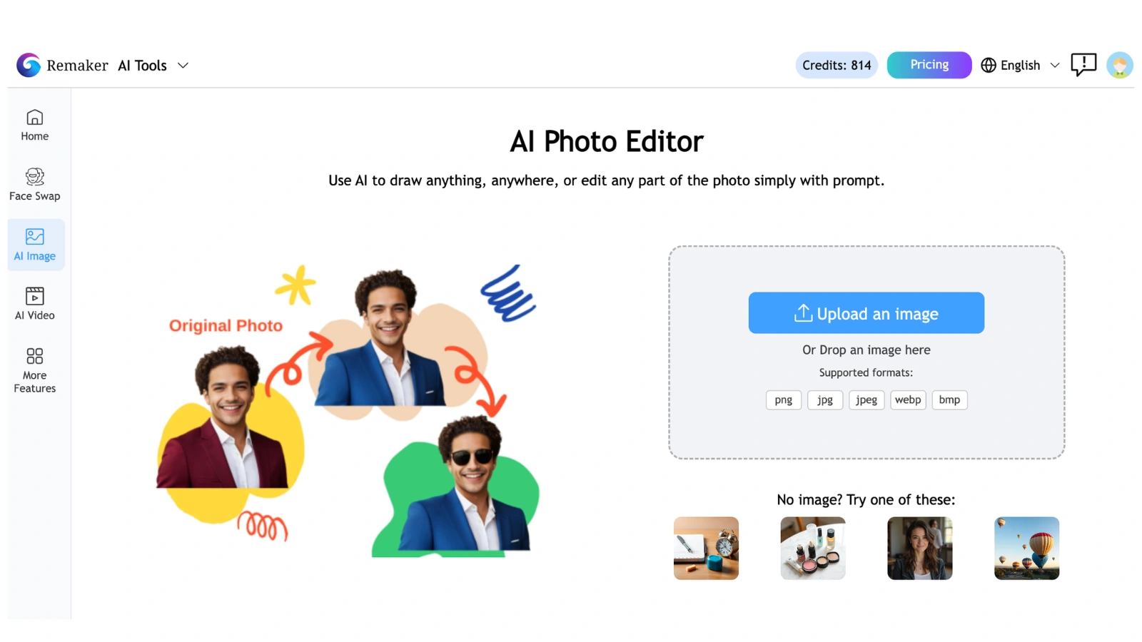 The interface of Remaker's AI photo editor.
