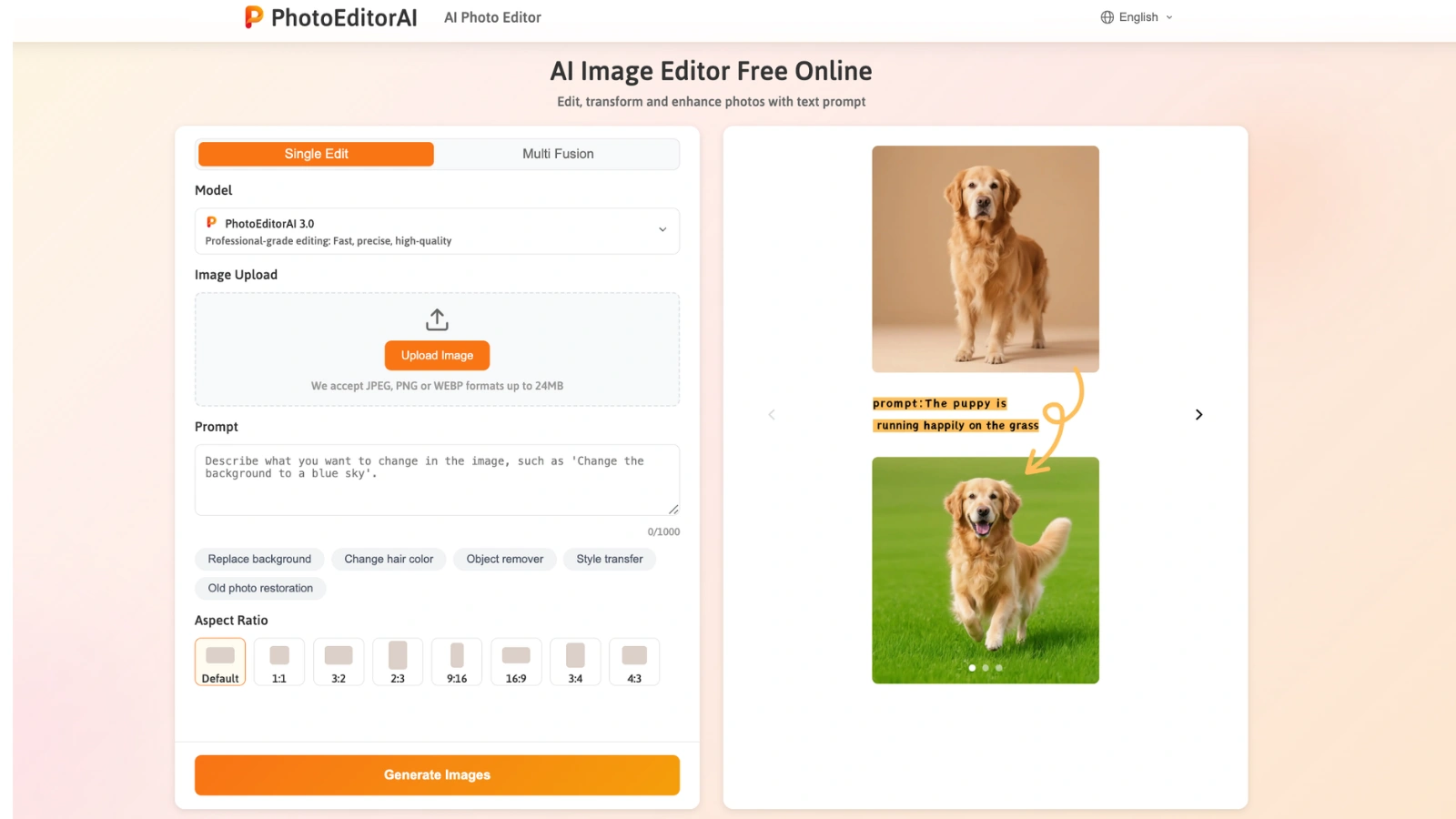 The interface of PhotoEditorAI's AI photo editor.