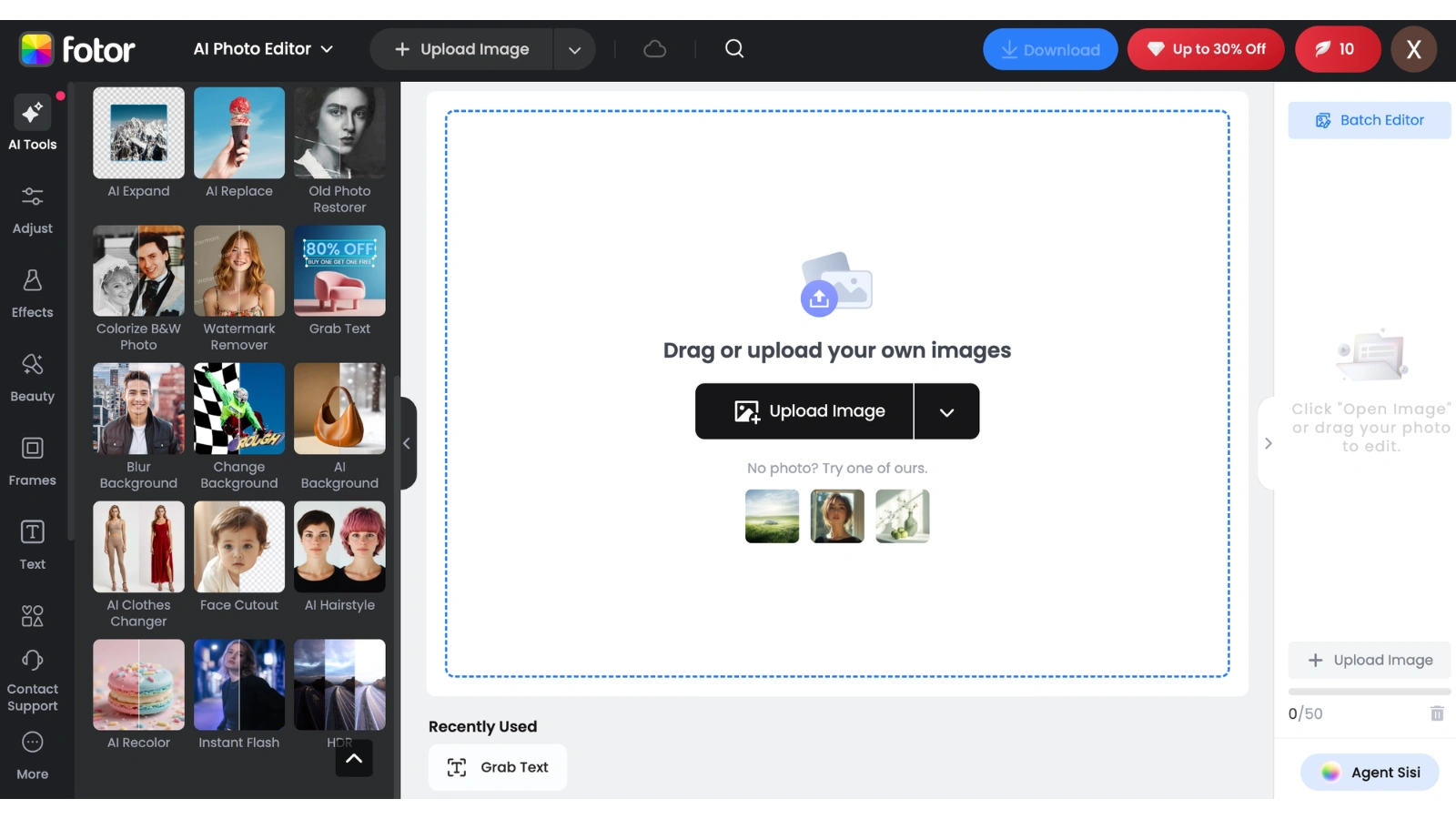 The interface of Fotor's AI photo editor.