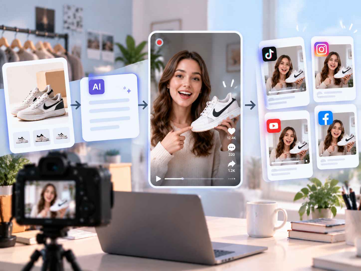 EzRemove AI Video Generator workflow showing product image to talking-head sales video creation process