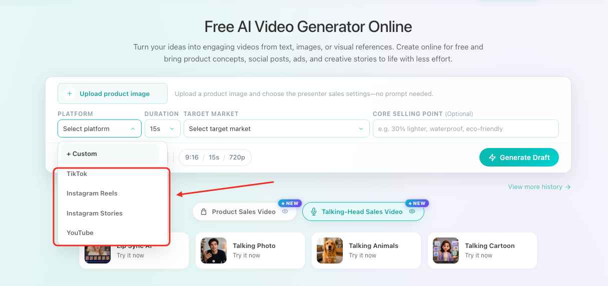 EzRemove AI Video Generator platform selection for creating talking-head sales videos for TikTok Instagram and YouTube