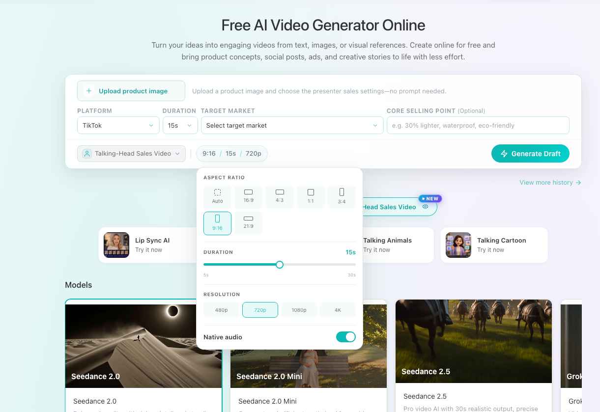 EzRemove AI Video Generator settings for talking-head sales video duration aspect ratio and resolution