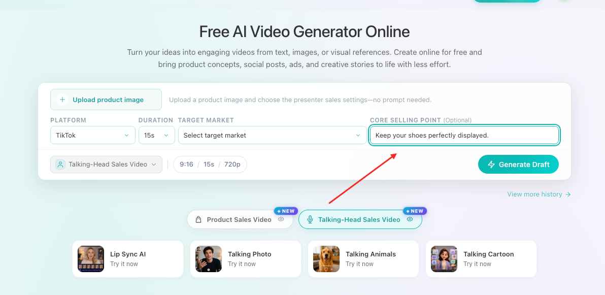 EzRemove AI Video Generator core selling point input for AI-generated talking-head sales video scripts