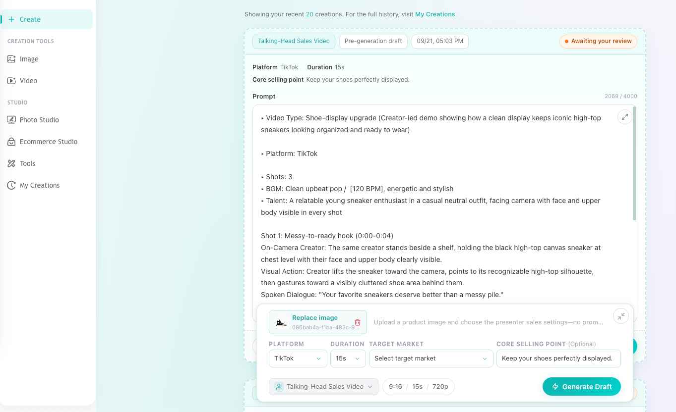 EzRemove AI Video Generator AI script generation interface for talking-head sales videos