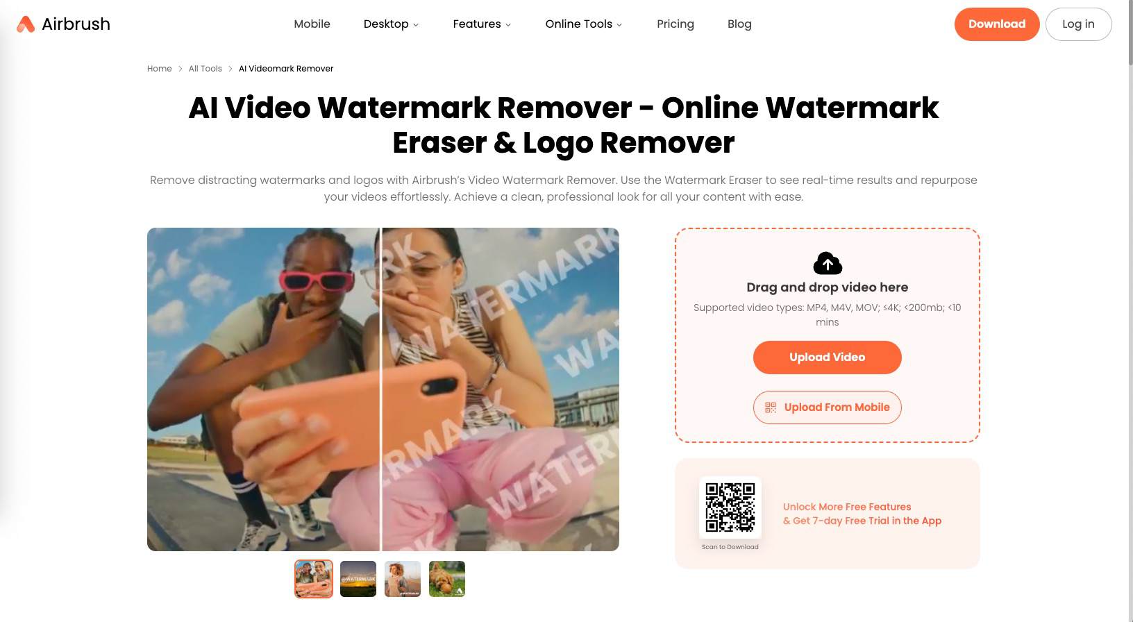 AI video watermark remover upload screen showing format and size limits