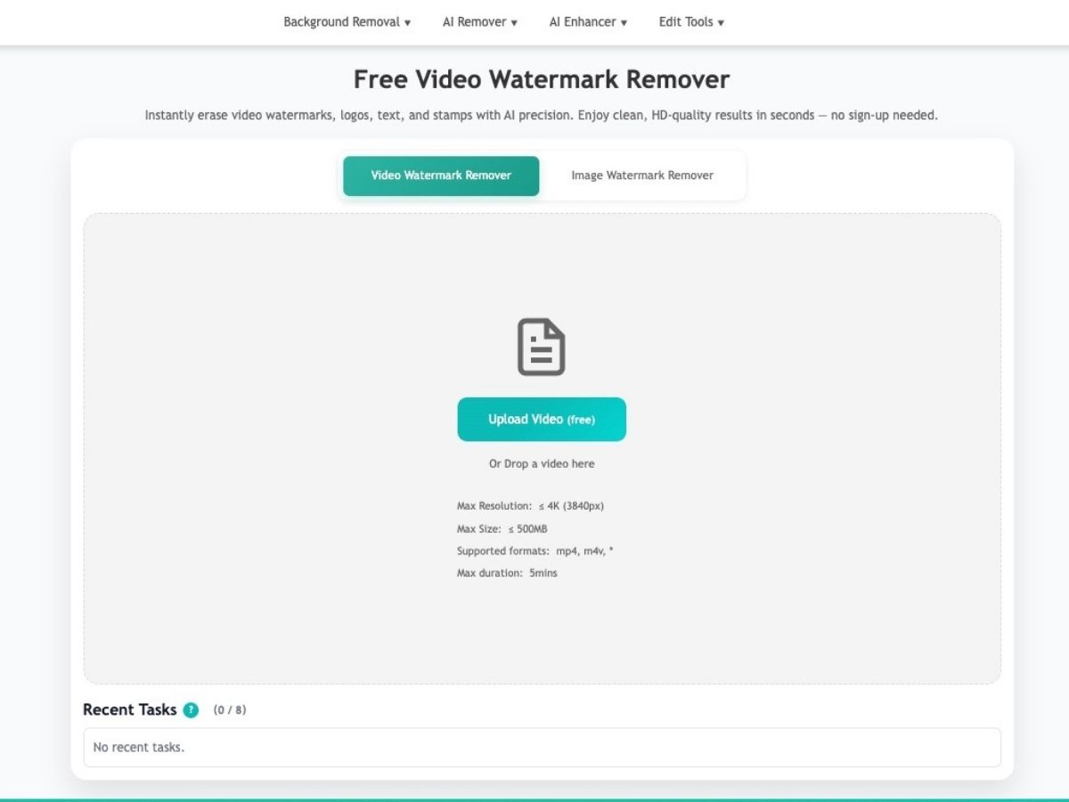 EzRemove video watermark remover upload screen