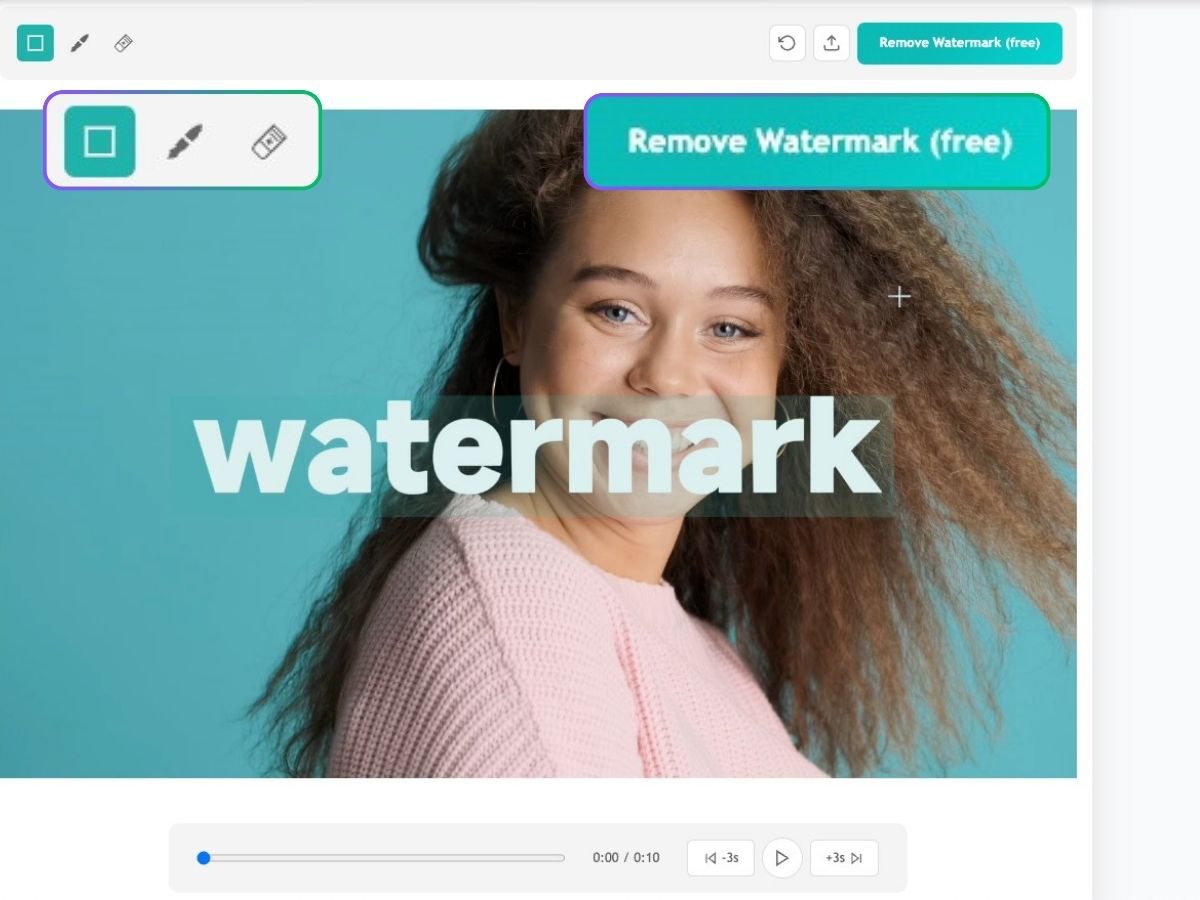 EzRemove selection tools (box, brush, eraser) marking the watermark area