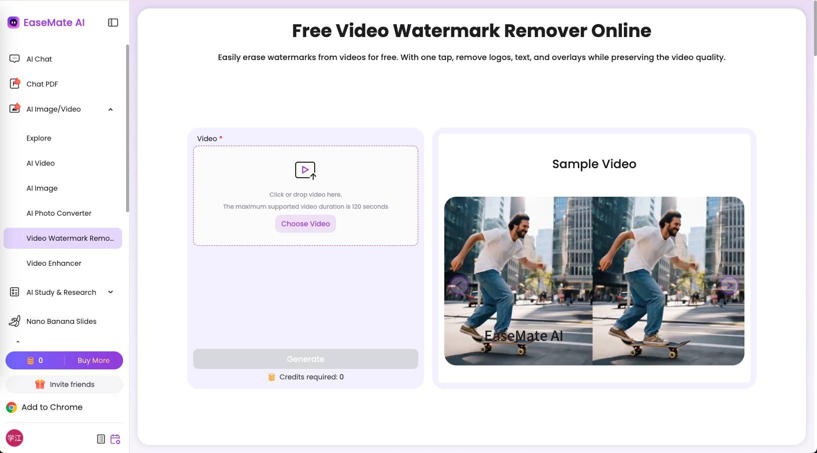 video watermark remover screen showing credits required for the upload
