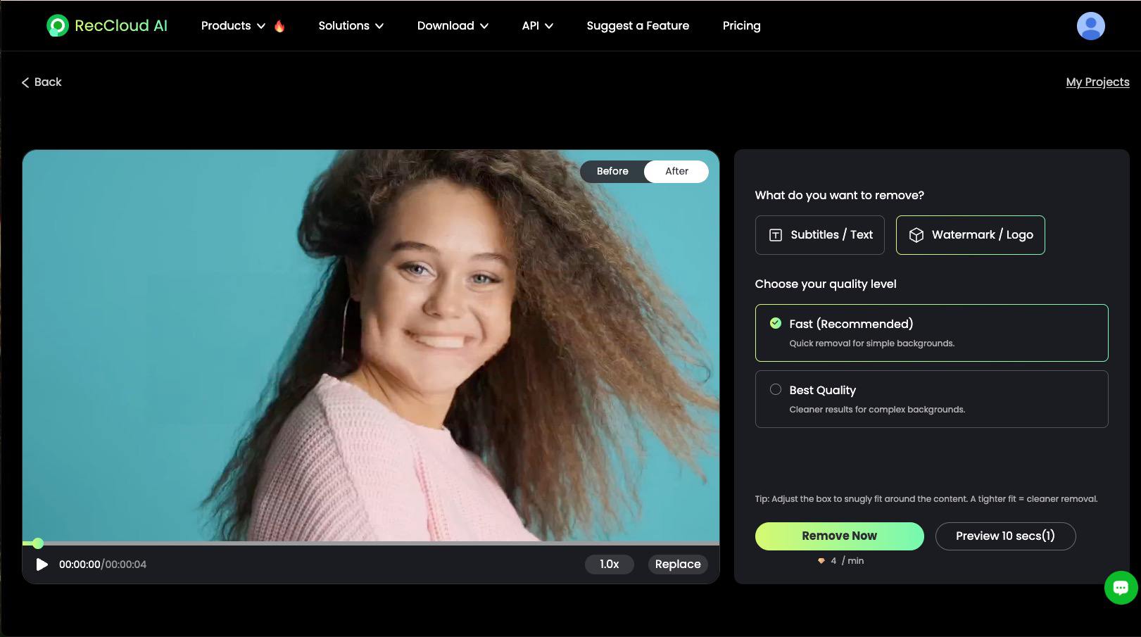 AI remove watermark from video upload screen showing file limits