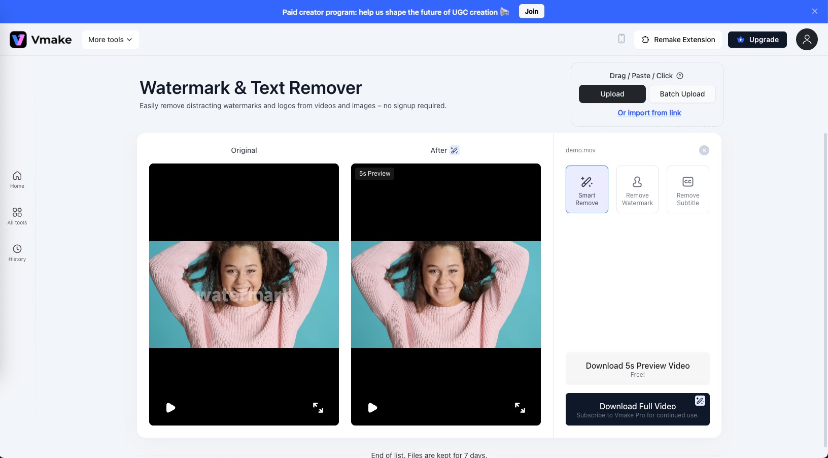 processing screen running the selected removal mode