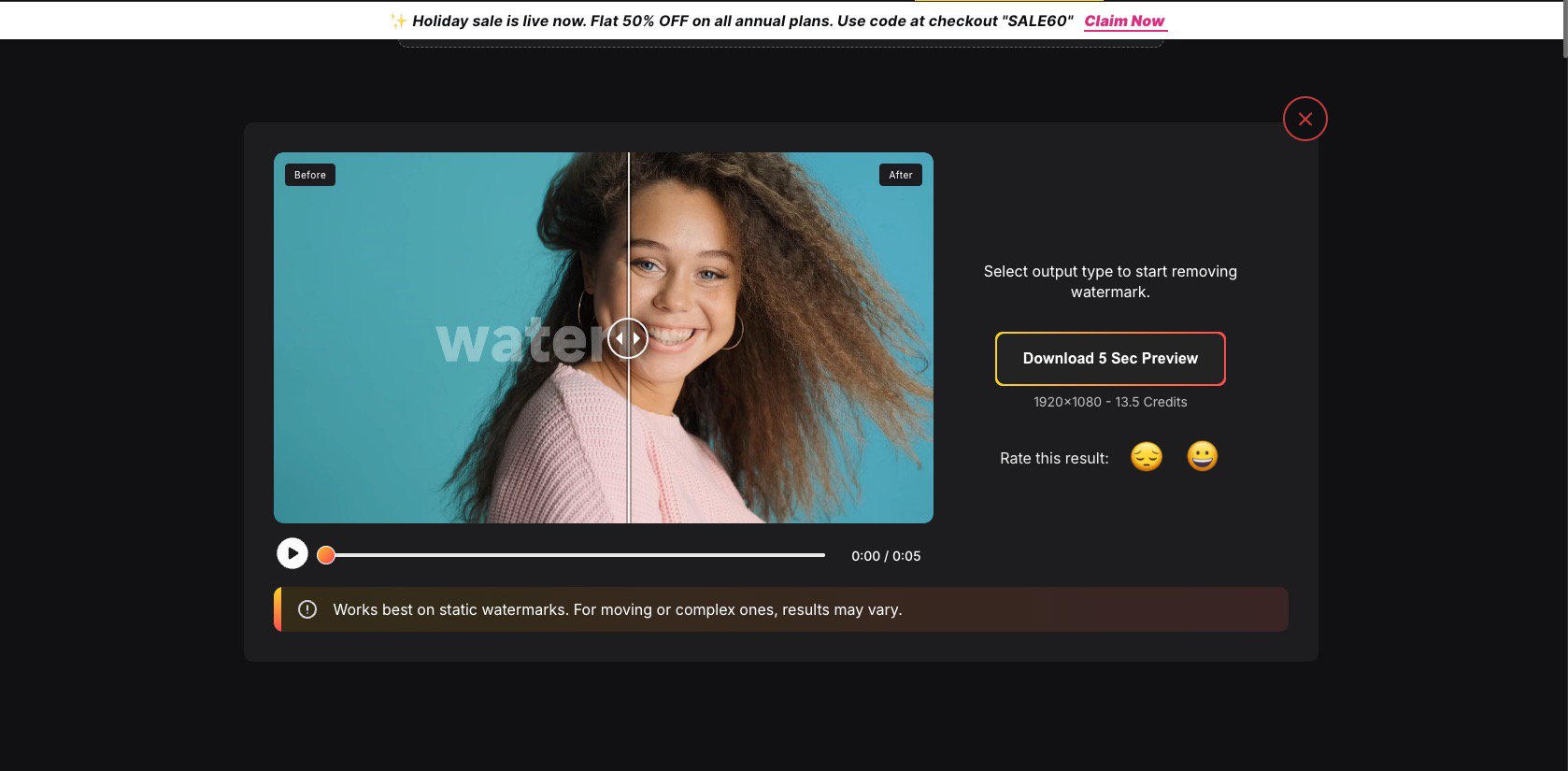 preview result screen after watermark removal