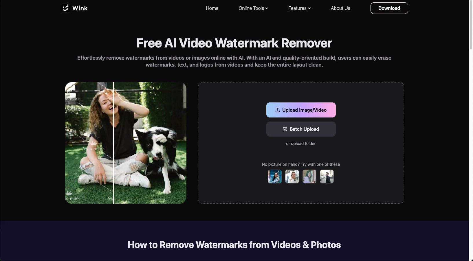 watermark remover upload screen showing batch upload option