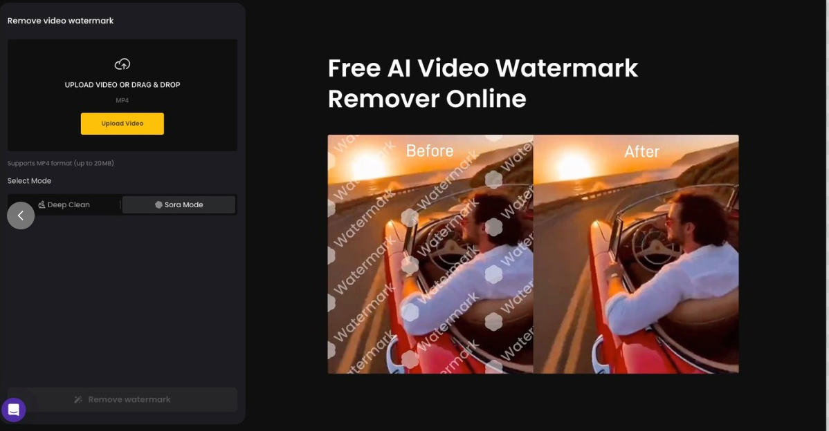 DIGEN deep clean mode selection screen for video watermark removal