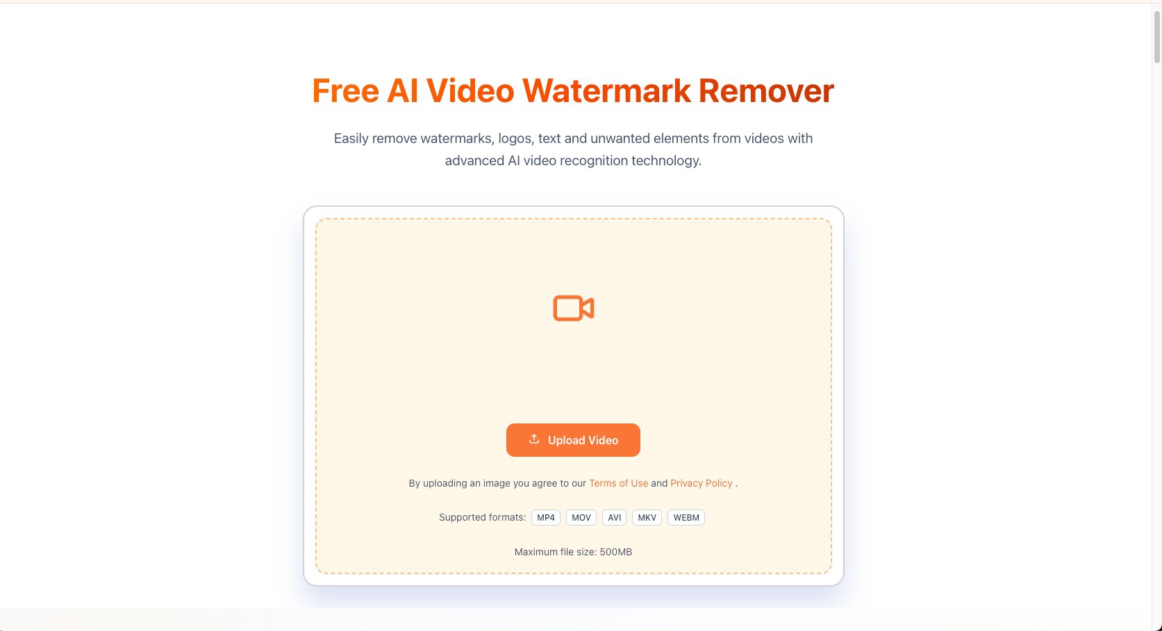 Unwatermark.ai video watermark remover upload screen showing supported formats and limits