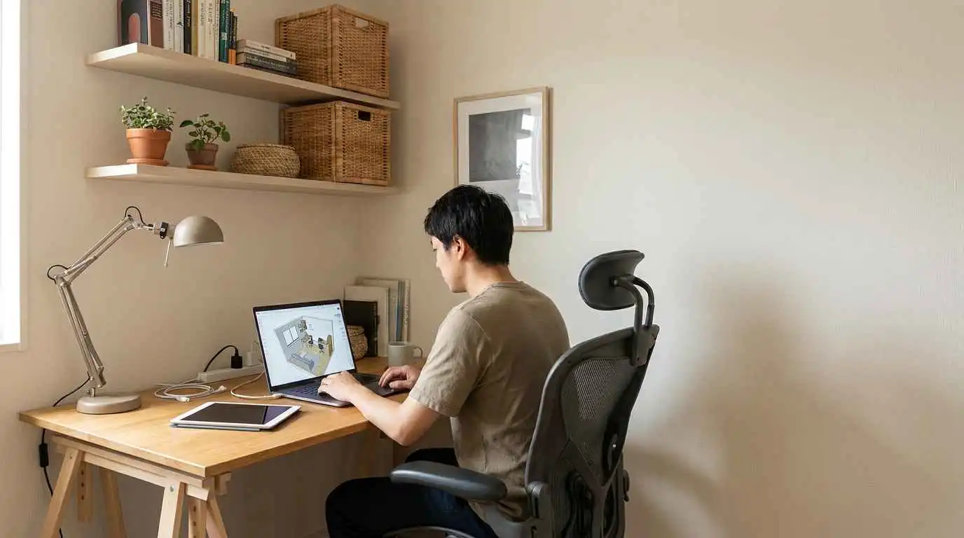 EzRemove ai room design preview for a remote worker planning a compact home office layout