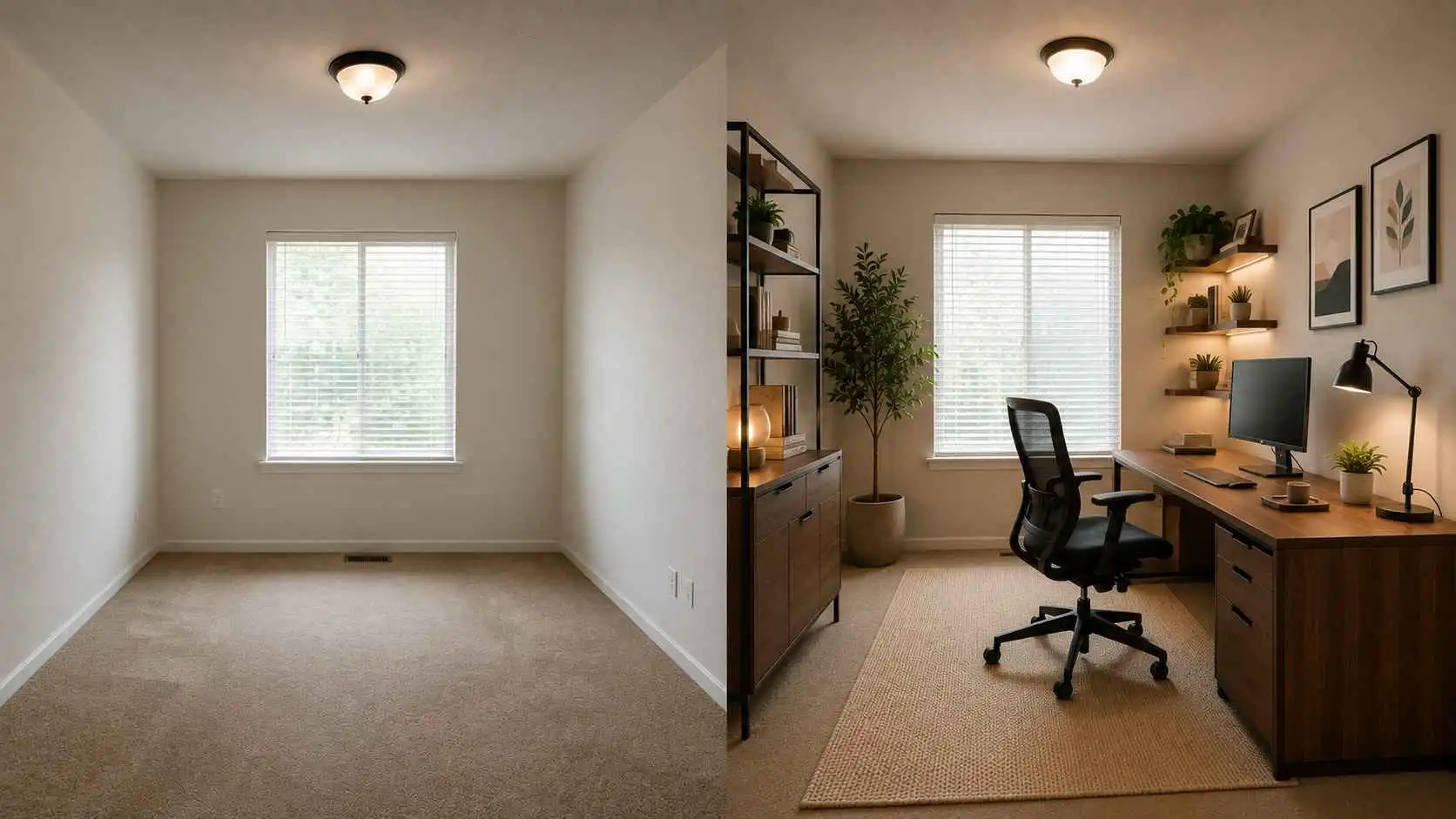 EzRemove ai room design before and after preview for an empty room transformed into a home office