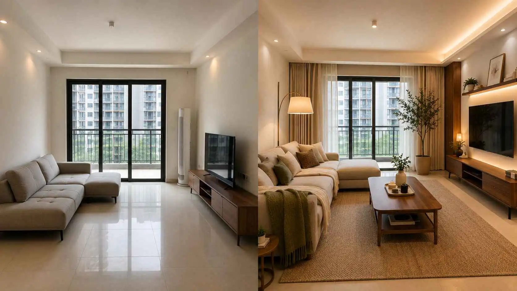 EzRemove ai room design before and after preview for a warm modern apartment living room makeover