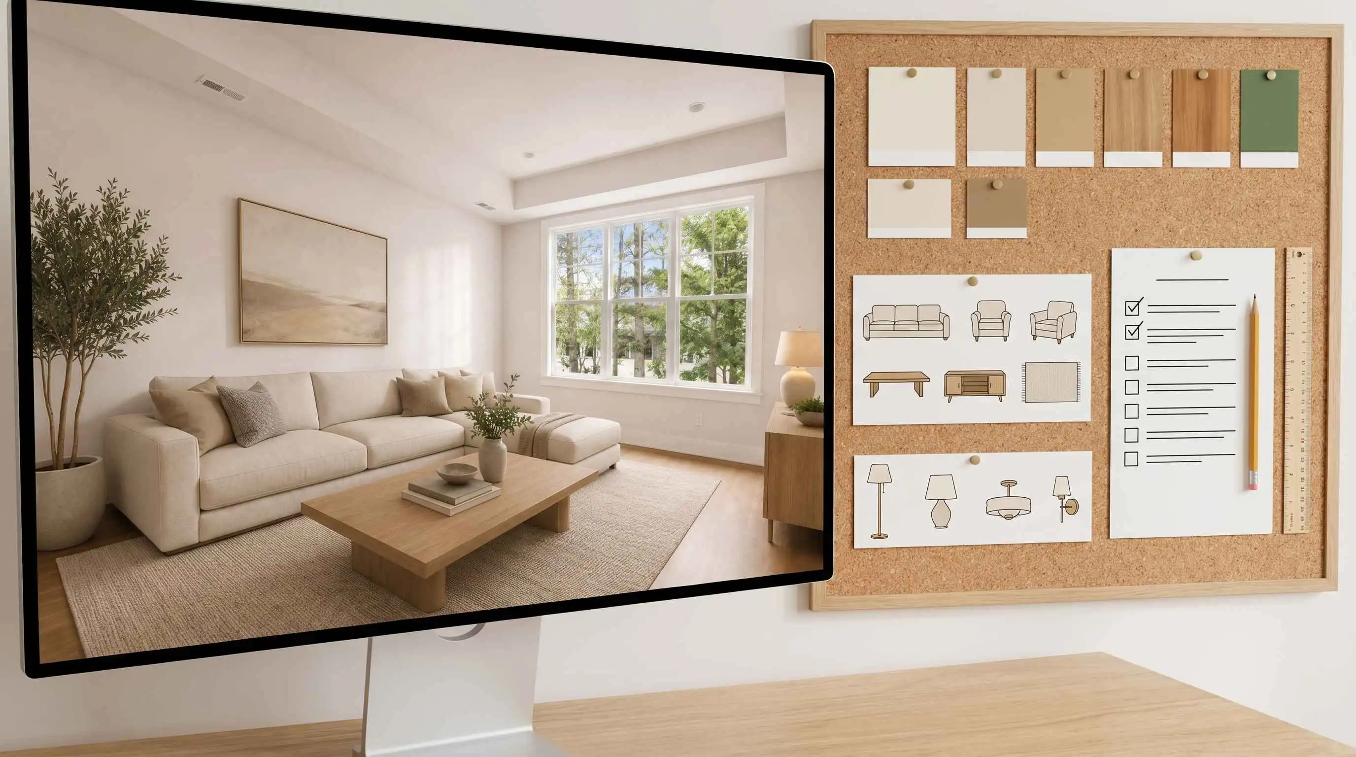 EzRemove ai room design planning board with living room preview, color palette, and furniture ideas
