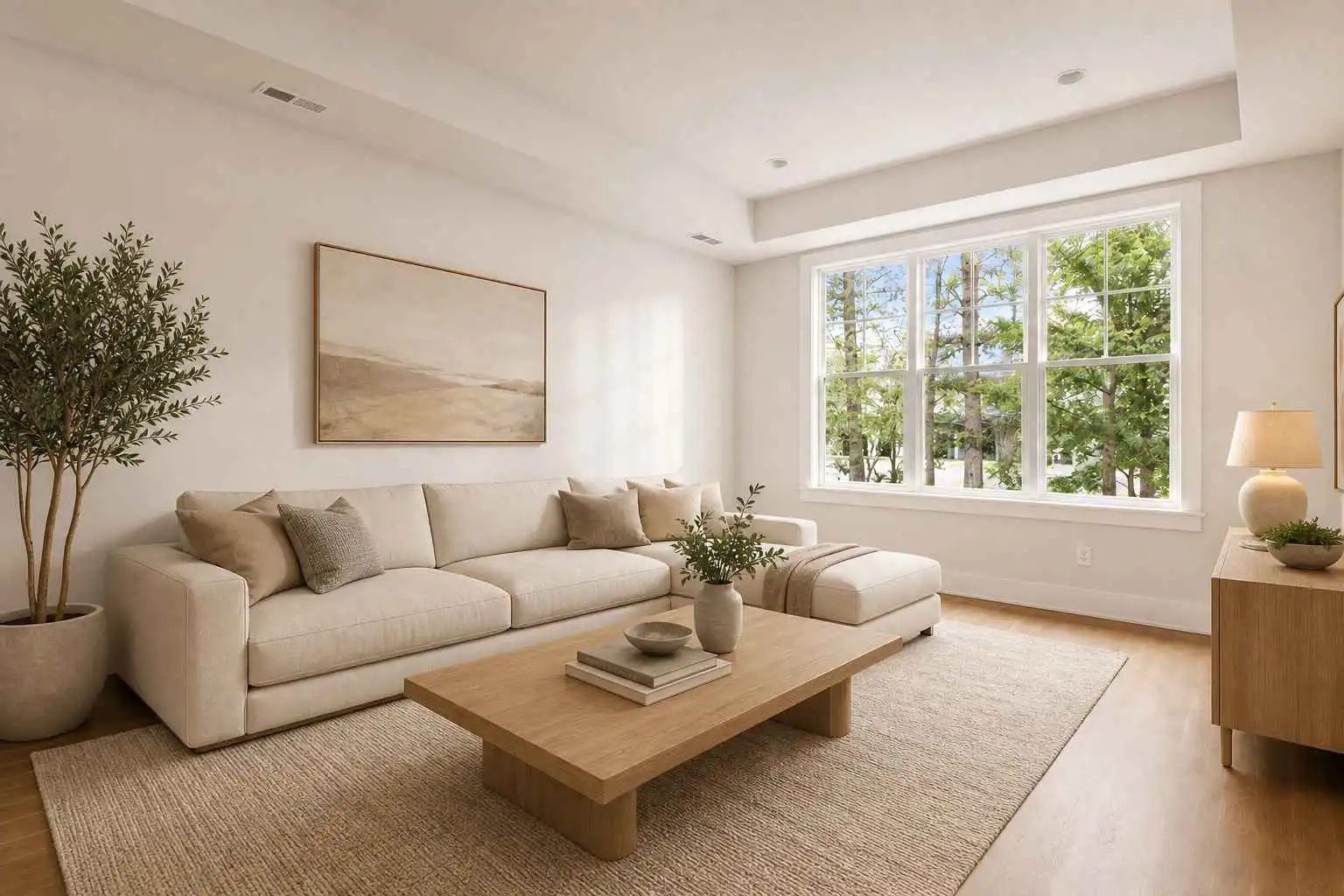 EzRemove ai room design result showing a bright modern living room with neutral furniture