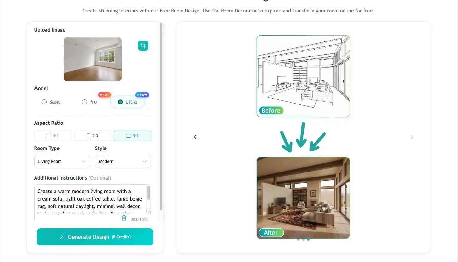 EzRemove ai room design tool interface showing room upload, style selection, and before after preview