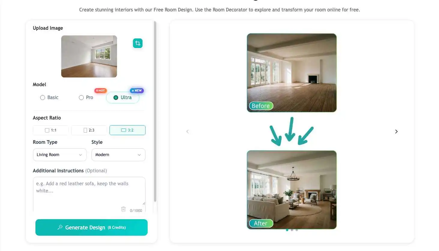EzRemove ai room design workflow showing empty room upload and generated living room result