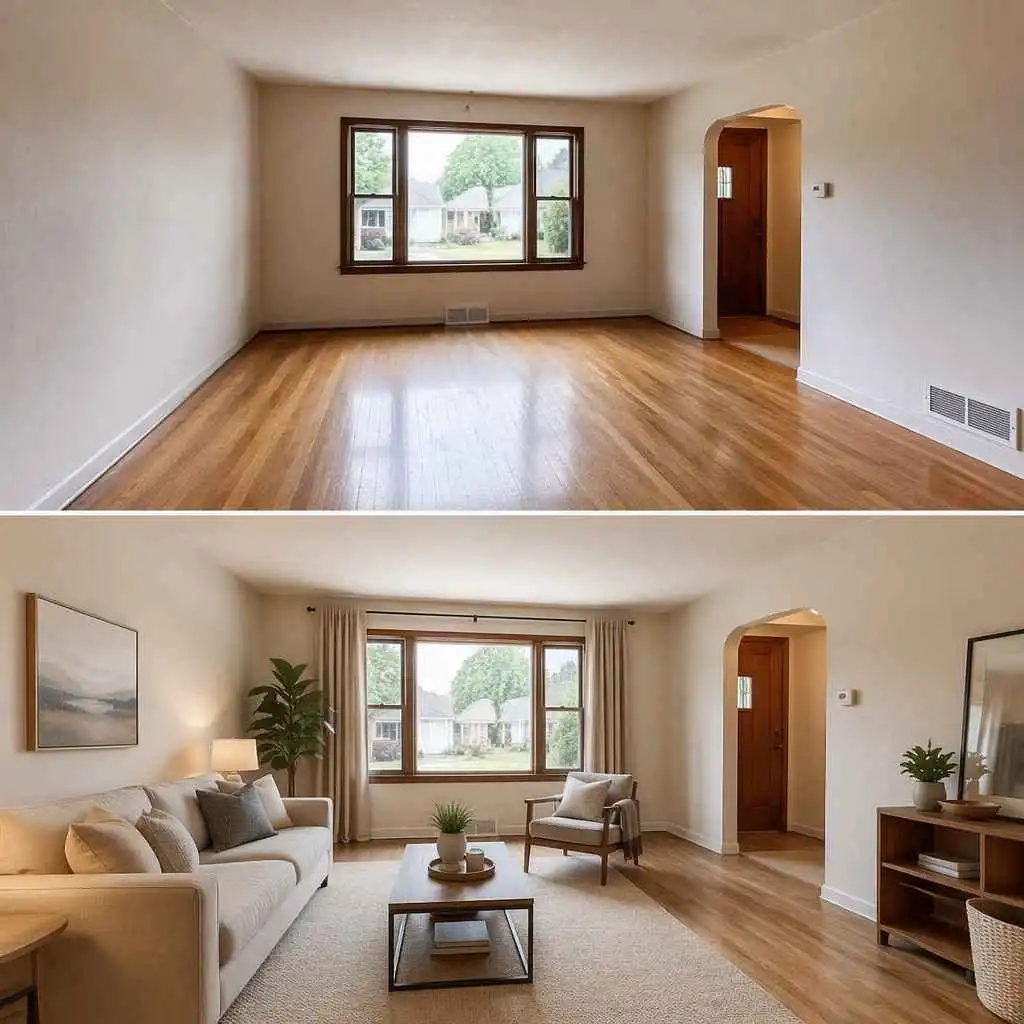 AI room design virtual staging preview for empty living room with neutral furniture