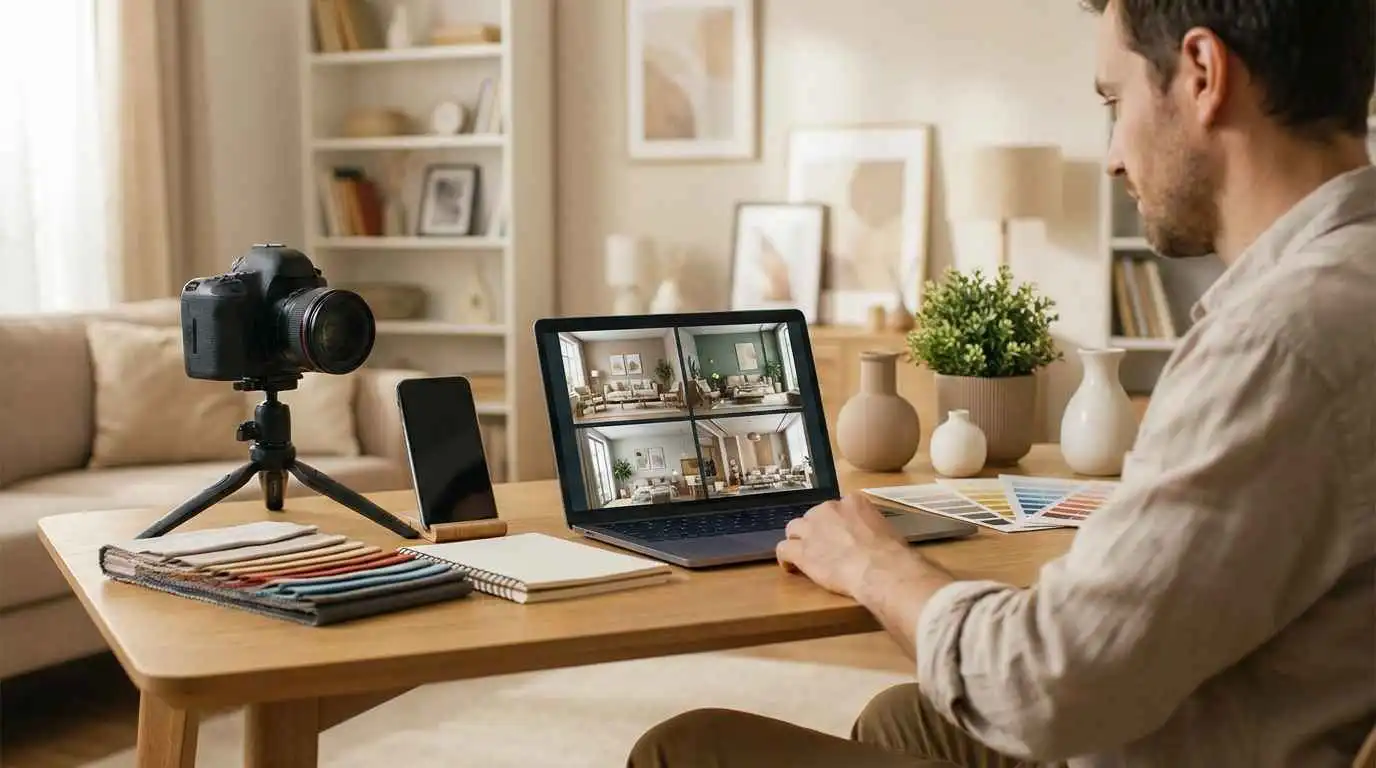 EzRemove ai room design workflow for a content creator comparing home decor visual ideas