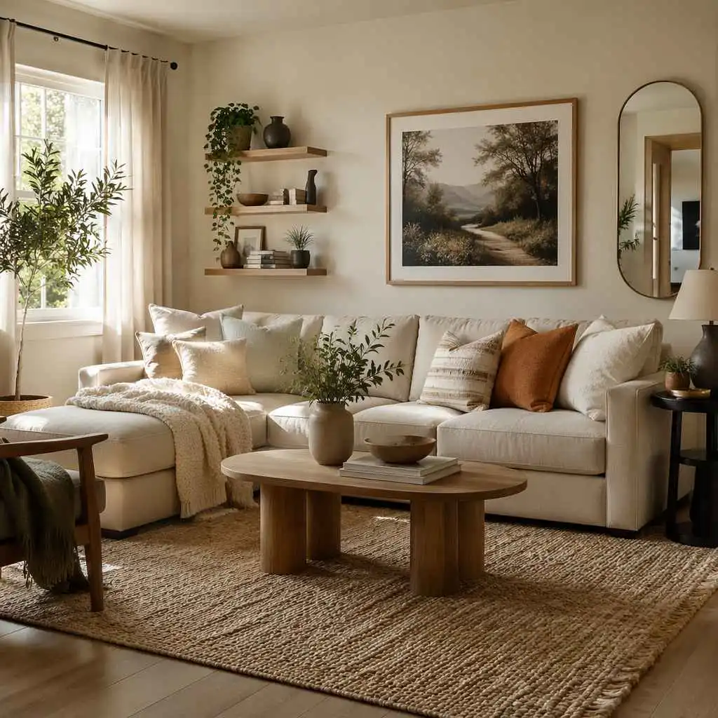 AI room design decor preview with rug plants wall art curtains and pillows
