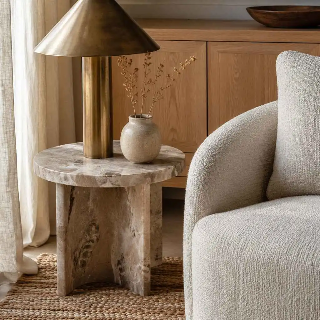 AI room design materials preview with wood linen marble brass and natural textures