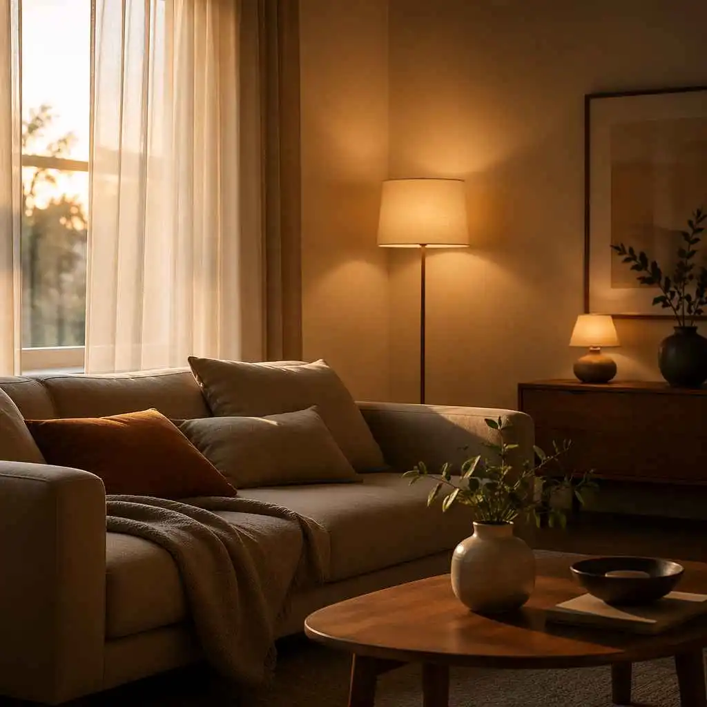 AI room design lighting mood preview with warm lamps and soft daylight