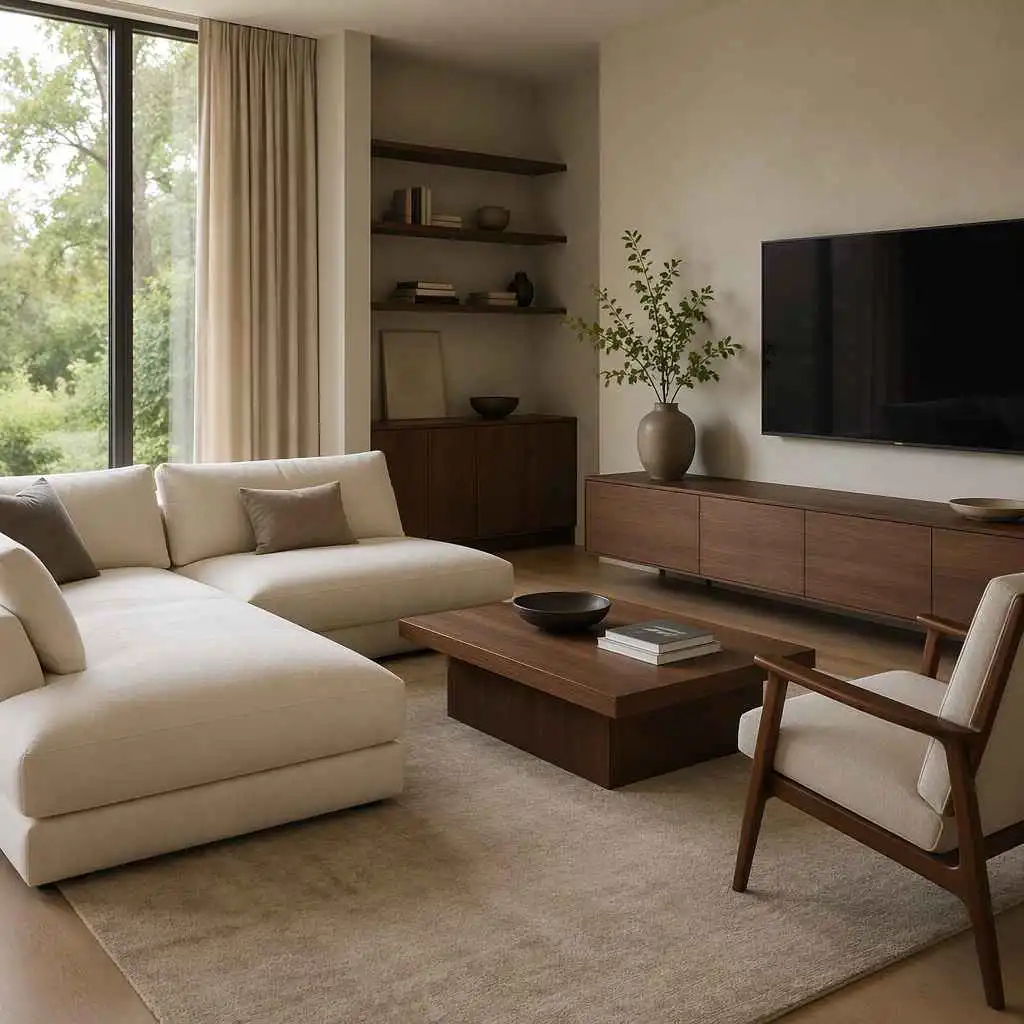 AI room design furniture style preview with modern sofa and wood furniture