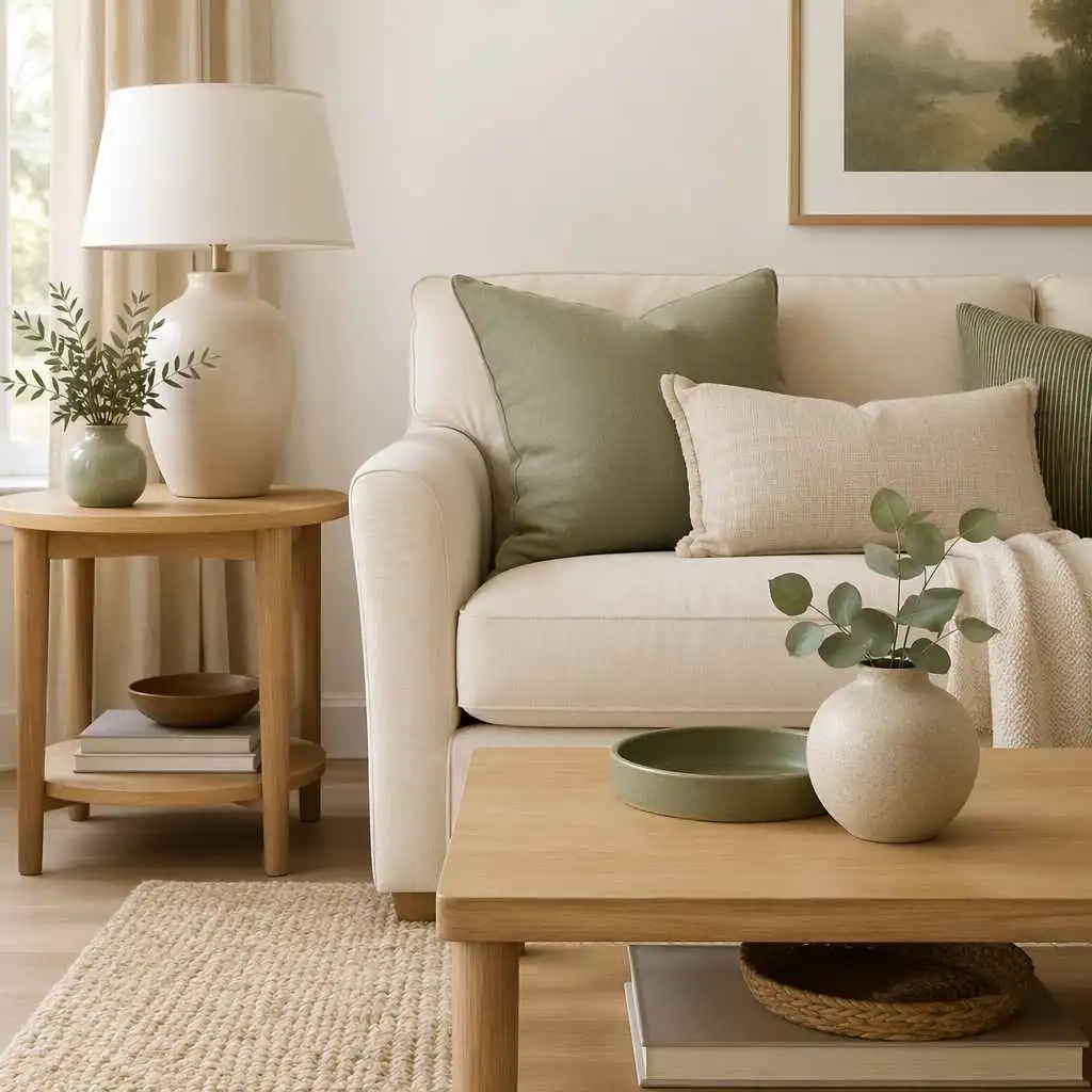AI room design color palette preview with warm neutral living room colors