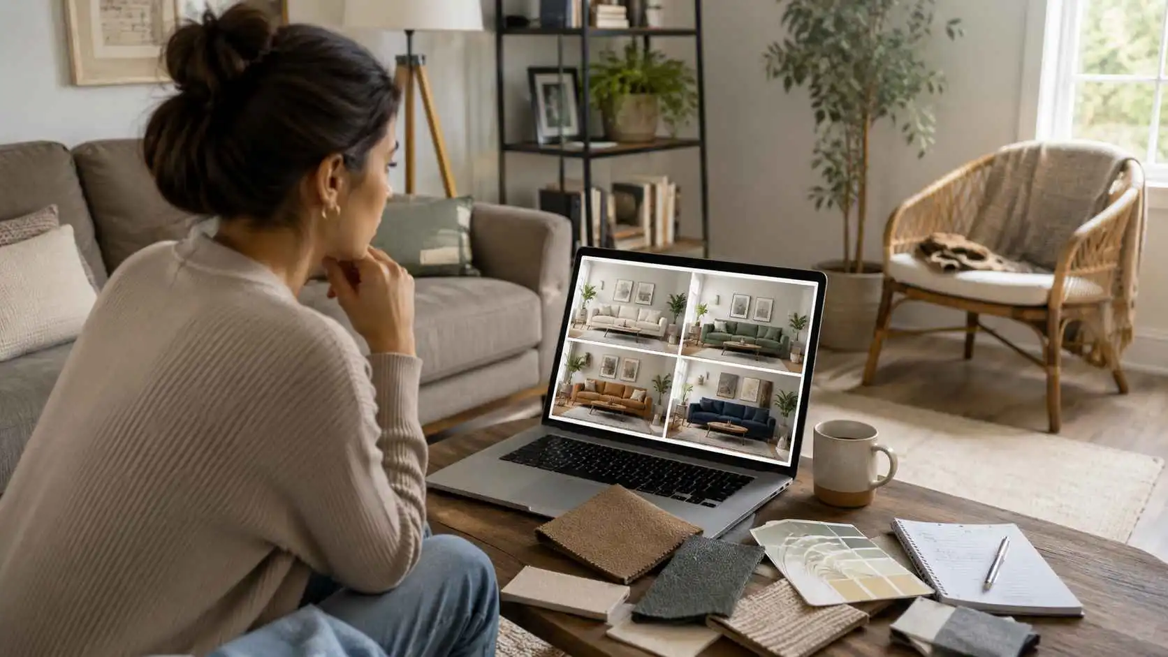 EzRemove ai room design workflow showing room style comparison on laptop
