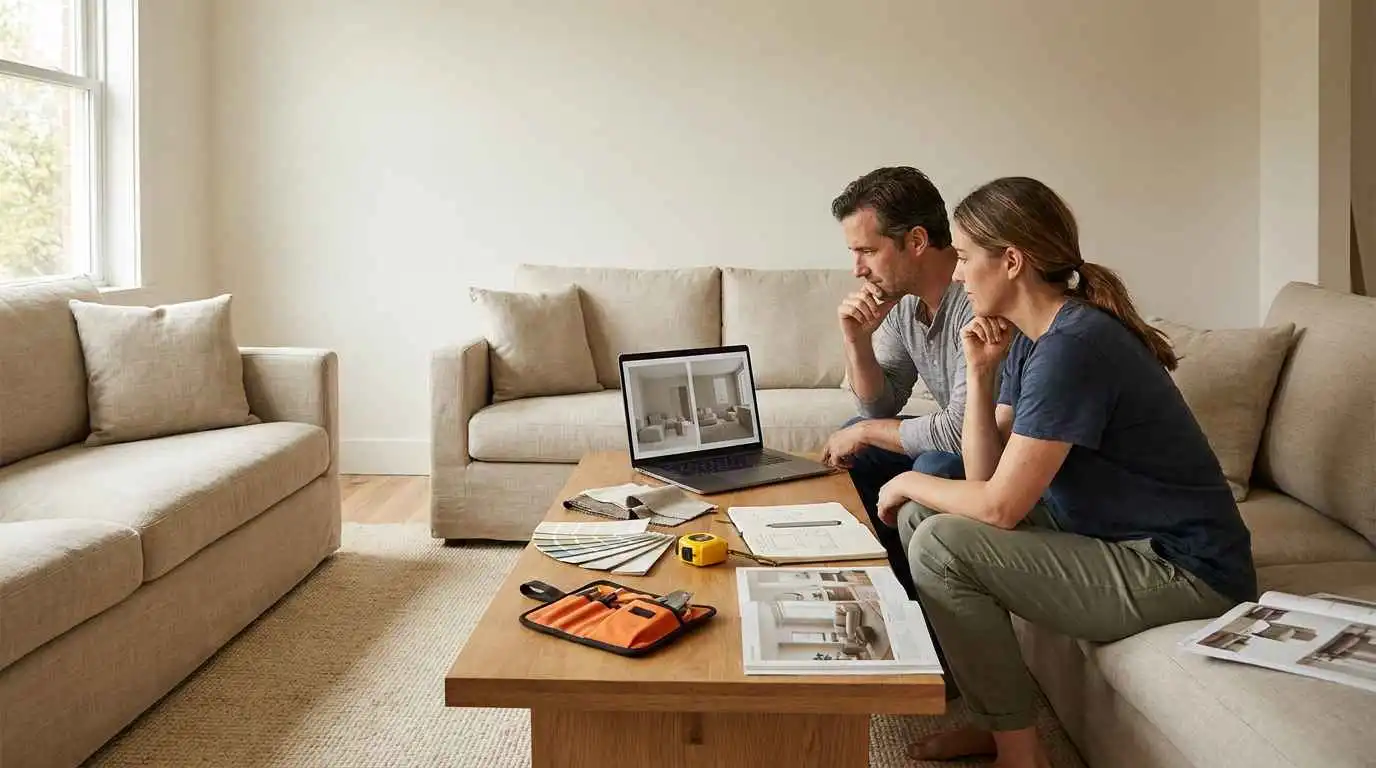 EzRemove ai room design planning scene for homeowners comparing living room makeover ideas