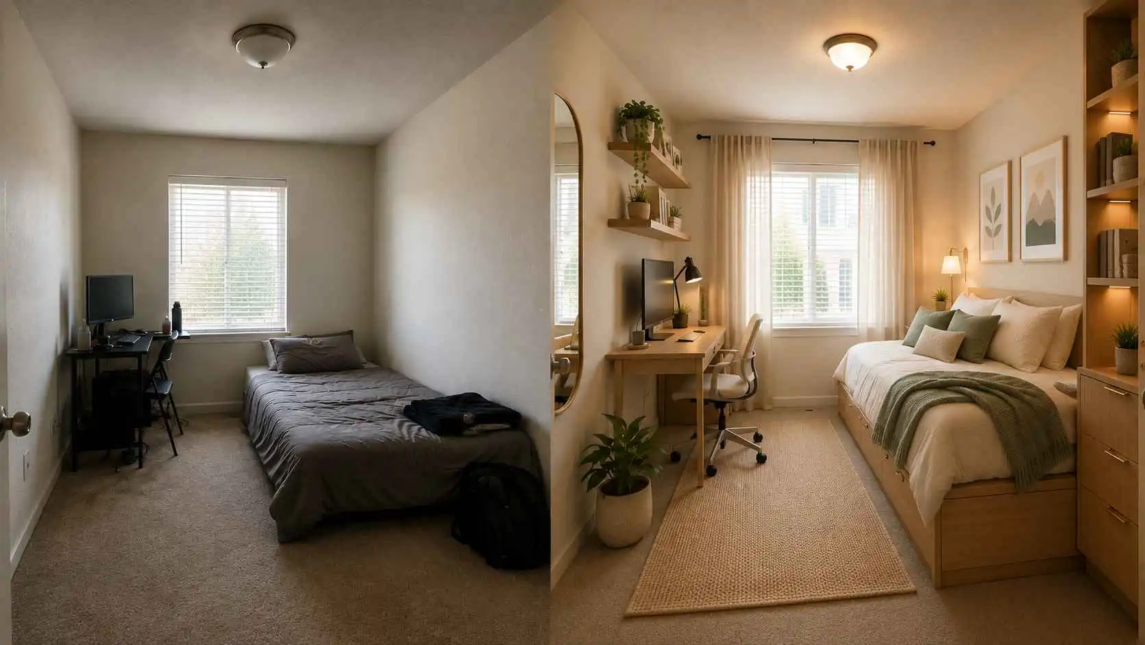EzRemove ai room design before and after preview for a small bedroom with home office space