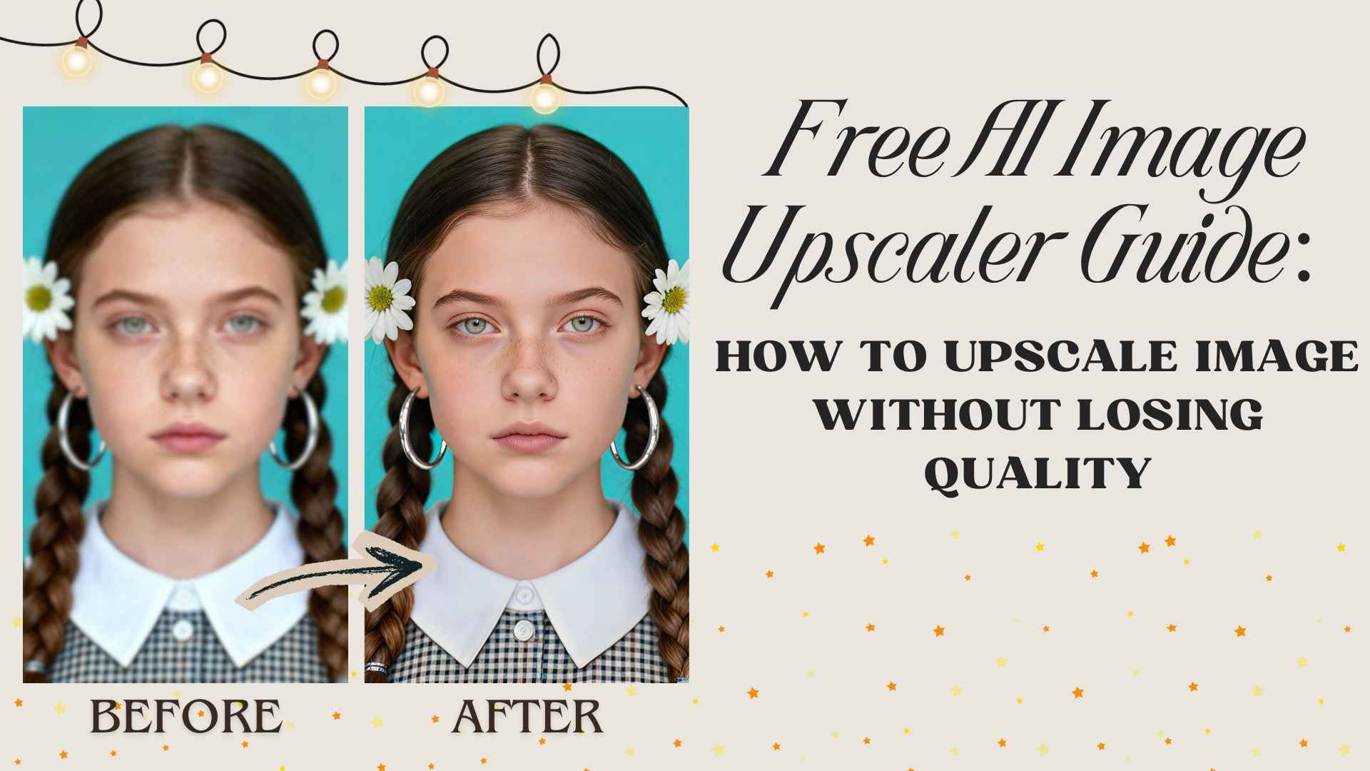 Before and after portrait showing an AI image upscaler result with sharper details and cleaner edges, guide on how to upscale an image without losing quality.