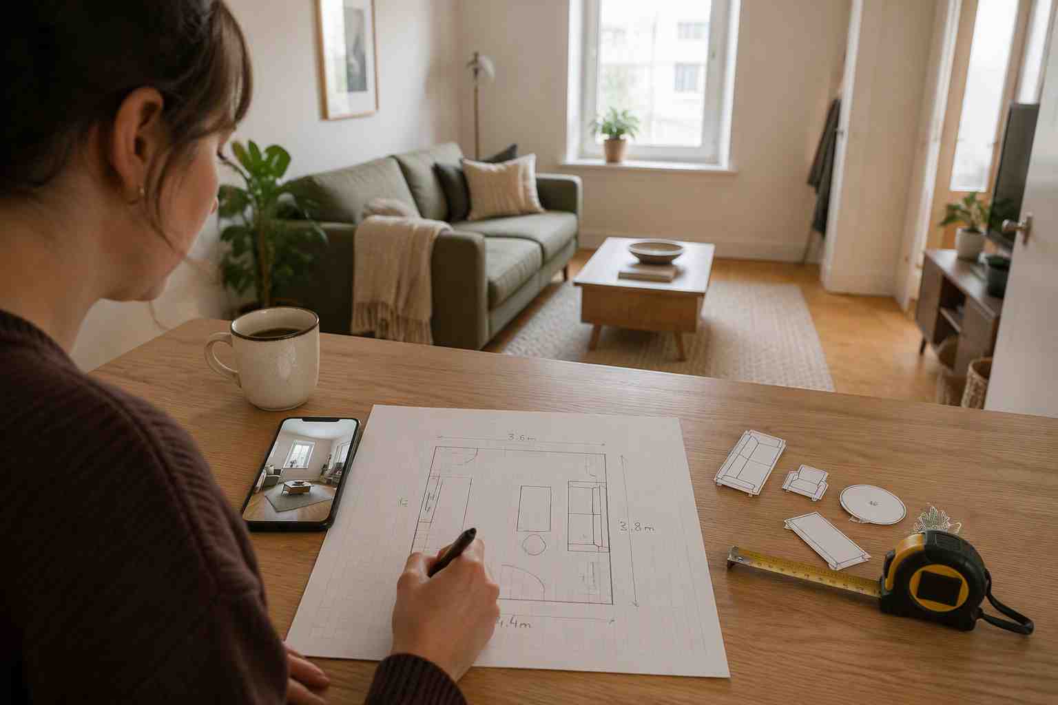 EzRemove AI room layout planning process with a renter reviewing a room photo, measured sketch, furniture cutouts, and tape measure.