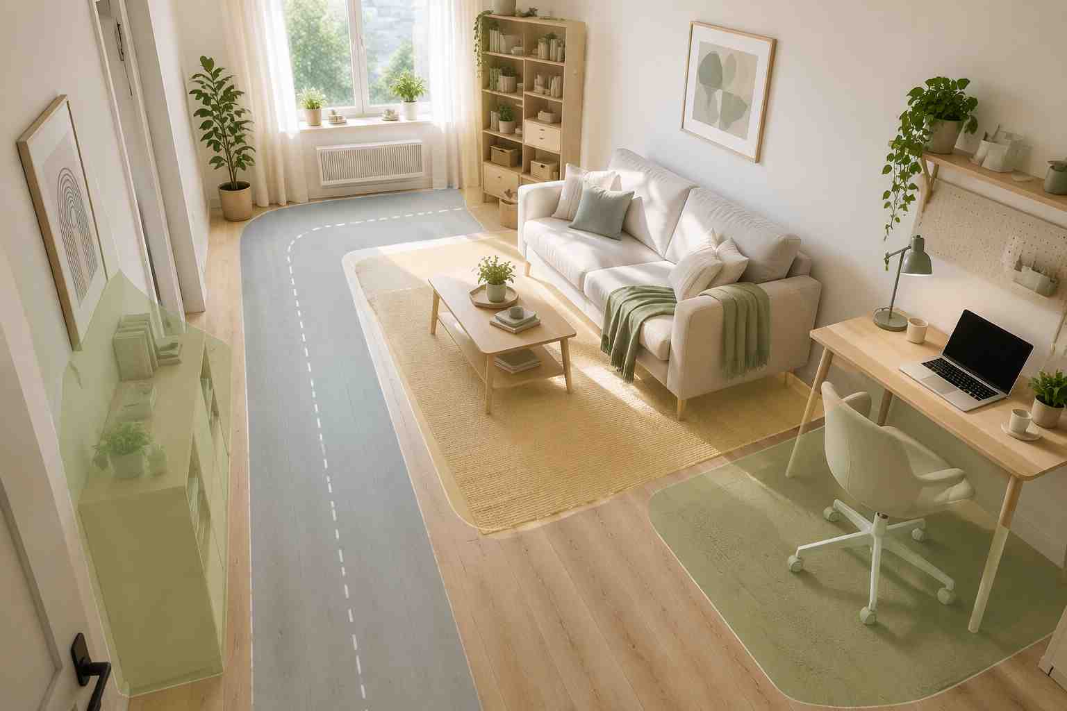 EzRemove AI room layout planning example showing a bright living room divided into seating, work, storage, and circulation zones.